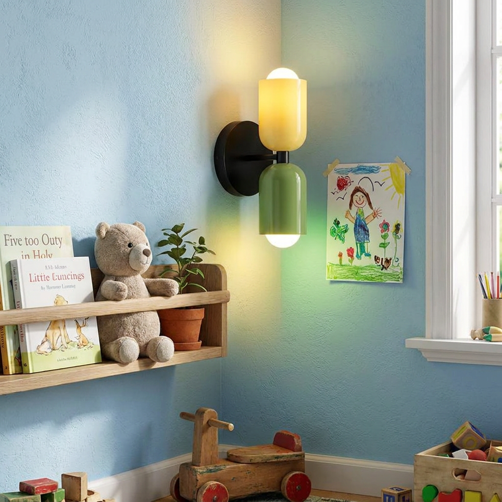 Colorful macaron-toned wall lamp glowing on a kids room wall